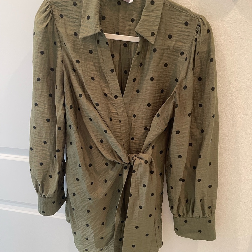 Like New Mint Velvet Olive Polka Dot Faux-Wrap Blouse US SZ8